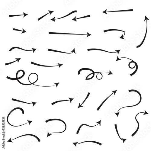 Super set different shape hand drawn arrows. Doodle style curved and squiggly arrows. Vector arrow design