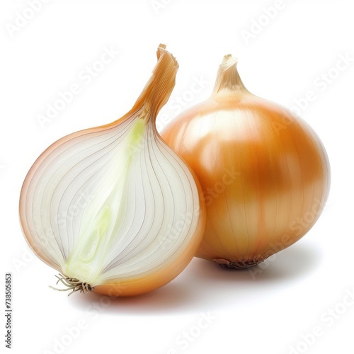 A whole and one half yellow onion isolated on white background