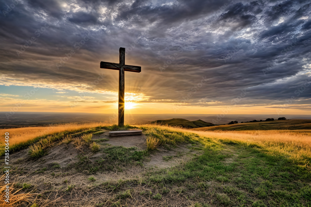 A rustic wooden cross, antiqued texture, weathered by time, standing alone on a barren hill under a cloudy sky, cast in the fading light of a setting sun Generative AI