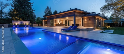 LED lighting enhances the beauty of the residential outdoor swimming pool and its poolside theme.