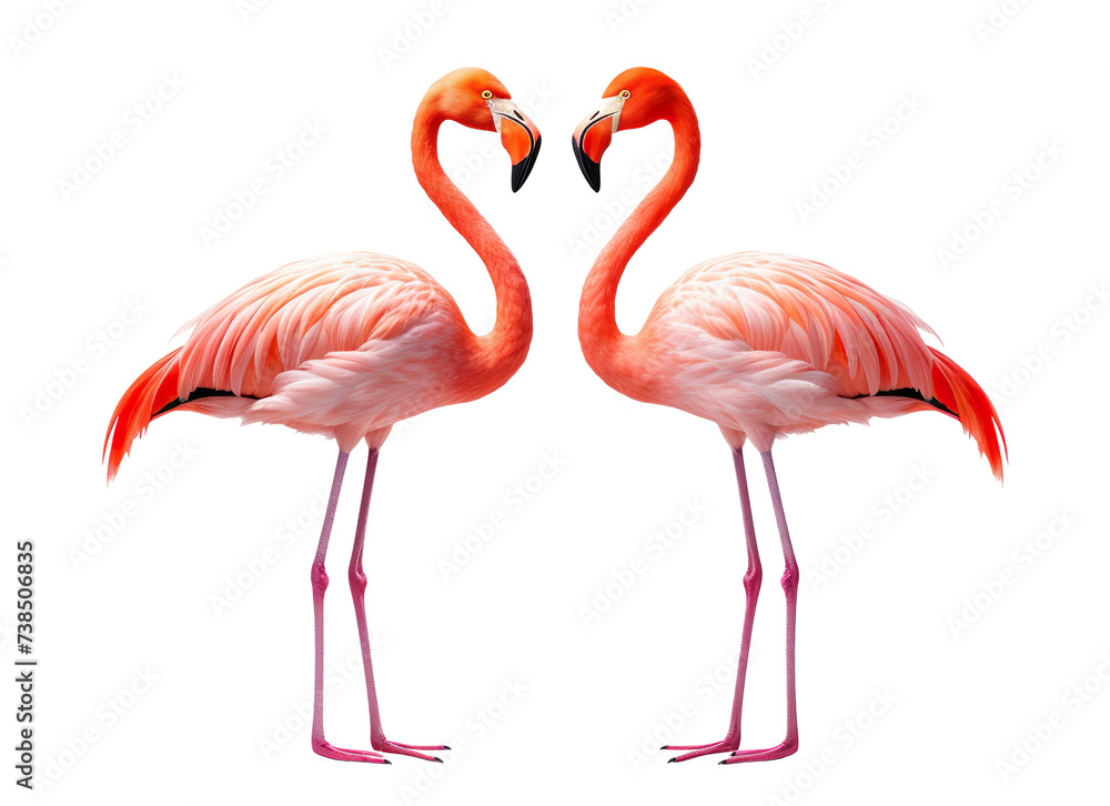 Gracefully standing two elegant pink flamingos, cut out
