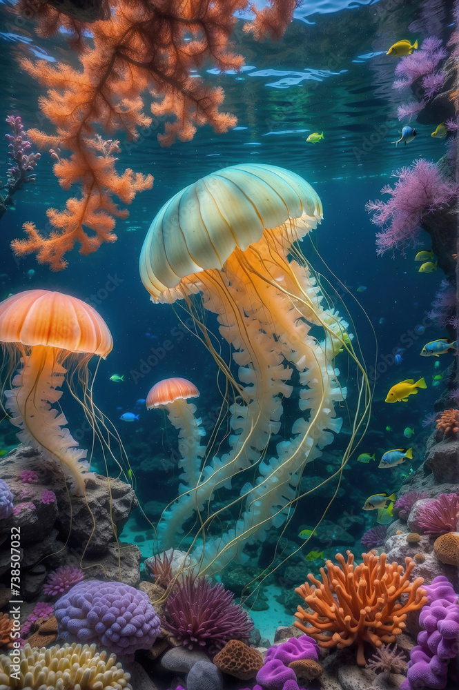 glow vibrant jellyfish in the depths of the ocean glow vibrant jellyfish in the depths of the ocean