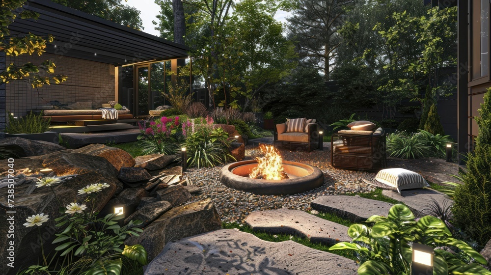 Backyard garden with a cozy fire pit area, inviting for evening gatherings