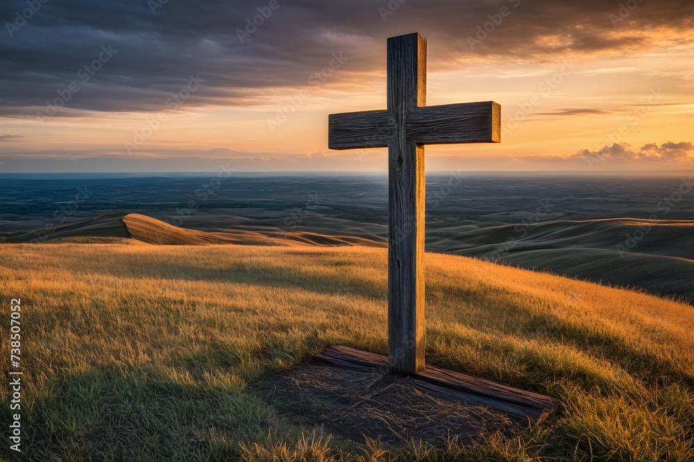 A rustic wooden cross, antiqued texture, weathered by time, standing alone on a barren hill under a cloudy sky, cast in the fading light of a setting sun Generative AI