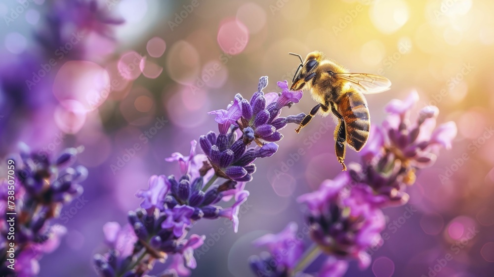 Bee hovering over lavender flowers, pollination in action, vibrant garden scene Bee hovering over lavender flowers, pollination in action, vibrant garden scene