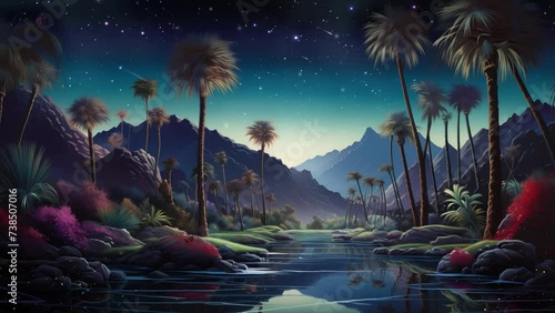desert mirage oasis at night with oasis palm tree. seamless looping overlay 4k virtual video animation background  photo