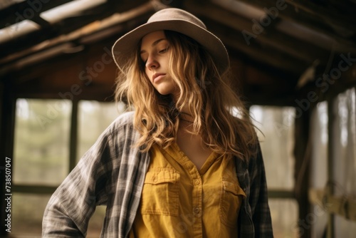 Portrait of a beautiful young woman with long wavy blond hair, wearing a hat and a plaid shirt, standing in an old wooden house.