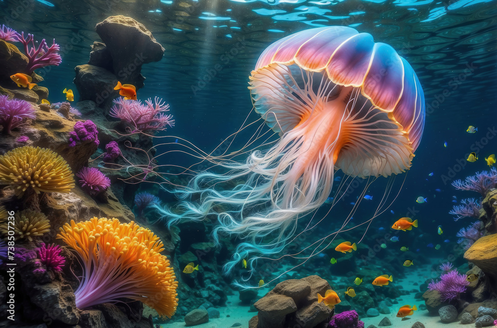 glow vibrant jellyfish in the depths of the ocean glow vibrant jellyfish in the depths of the ocean