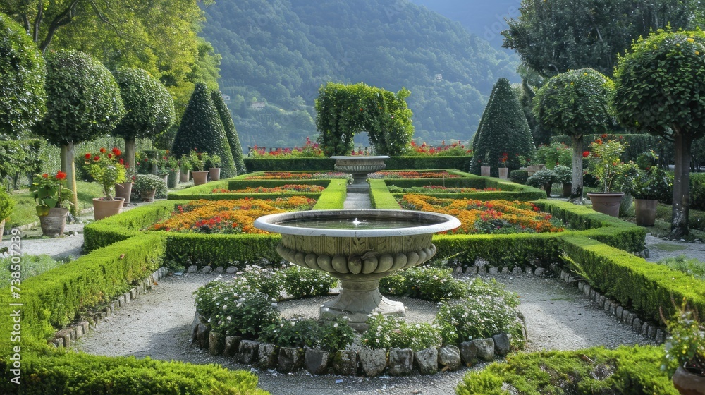 Elegantly designed French garden, with symmetrical plantings and neatly trimmed hedges, sophistication