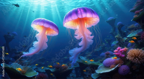 glow vibrant jellyfish in the depths of the ocean
