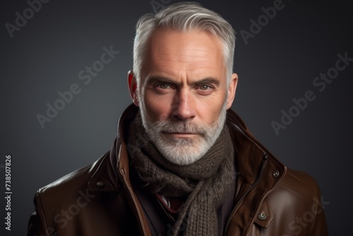 Portrait of a handsome middle-aged man in a brown leather jacket and scarf.