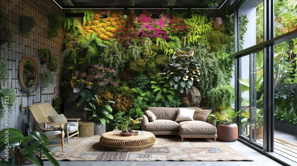 Domestic garden paradise, featuring indoor vegetation and verdant walls, merging exterior beauty with interior spaces