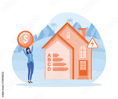 Energy efficiency in household and industry. Woman checks heating meter and calculates household utility bill. flat vector modern illustration flat vector modern illustration