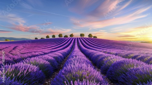 Provencal lavender expanses  a sea of purple reaching towards the distant line  a visual feast