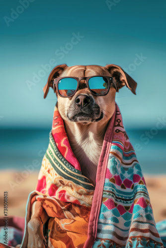 Funny dog on summer beach vacation with a towel around his head on a sunny day. anthropomorphic animal