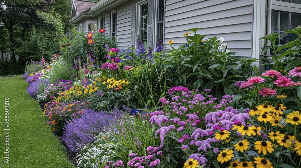 Border garden of perennials, arranged for all-season flowering, rich in color and vitality Border garden of perennials, arranged for all-season flowering, rich in color and vitality