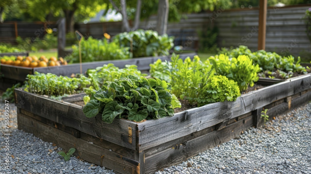 Elevated vegetable plots with various crops organized tidily, embodying sustainable lifestyle choices