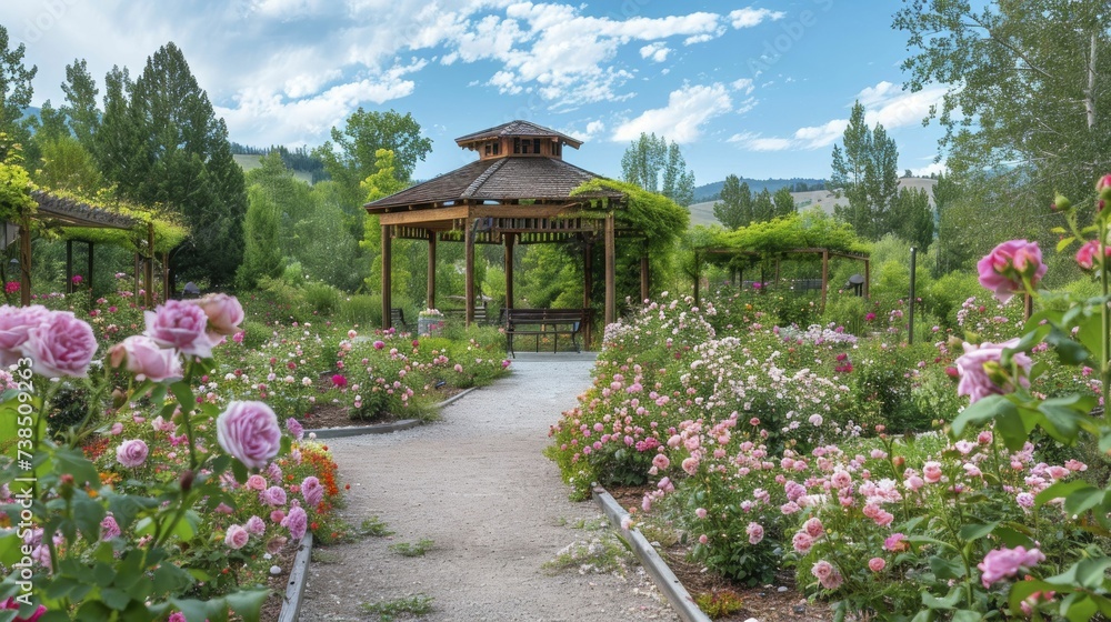 Blossoming rose garden, a spectrum of colors and scents, creating a romantically charged environment Blossoming rose garden, a spectrum of colors and scents, creating a romantically charged environment