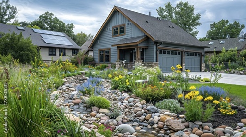 Suburban rain garden, designed for sustainable water use, flourishing with indigenous flora