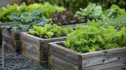 Elevated vegetable plots with various crops organized tidily, embodying sustainable lifestyle choices photo