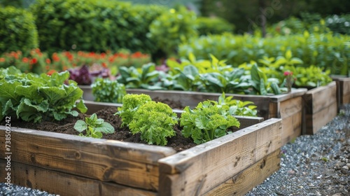 Raised bed vegetable garden, diverse crops in neat rows, sustainable living
