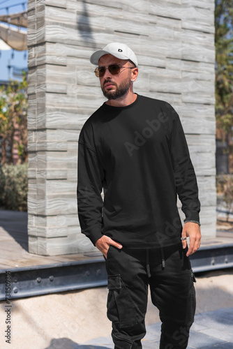 Man blank black sweatshirt mockup with model