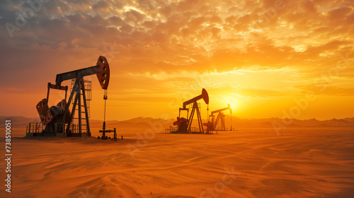 Oil Pumps in Desert at Sunset