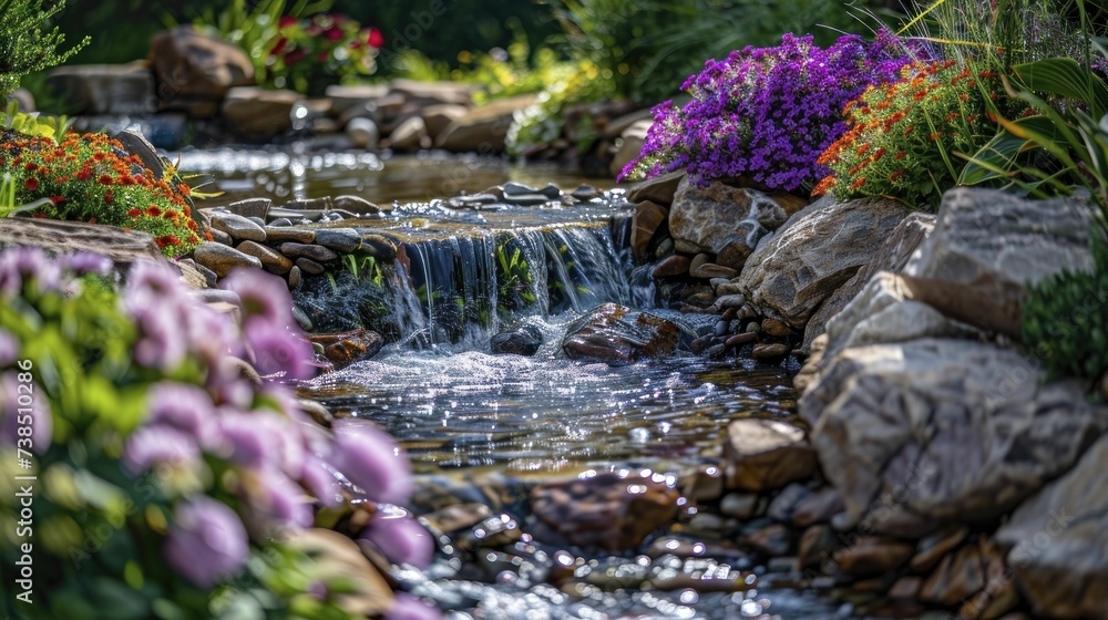 Fototapeta premium Garden by the water, integrating water elements and water-loving plants, a tranquil composition
