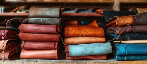 Handmade production materials at leather workshop with selected colored or tanned craftman's work stored in cupboard. © Sona