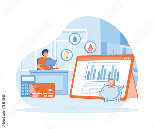  Utility bills concept. Man checking and paying utility bills online on his computer.  flat vector modern illustration 