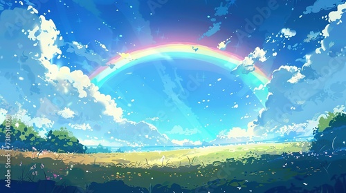 Anime-style illustration of a beautiful rainbow in the blue sky © Jennifer