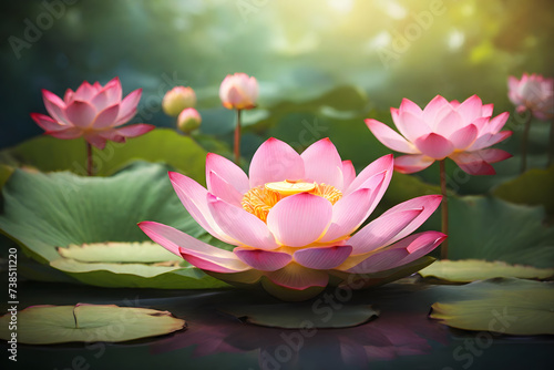 Serene pink lotus blossoms reflect in a tranquil lake.