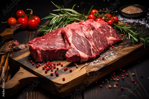 slices of roast beef on a fresh red table, processed roast beef and so, there is empty space for text, greetings, wallpaper, posters, advertisements, etc