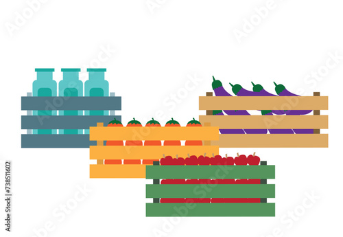 Fresh Ingredients for food and drinks on wooden crate. Editable Clip Art.