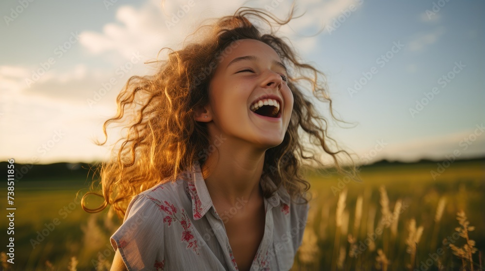 A young girl laughing in a field. Generative AI. A young girl laughing in a field. Generative AI.