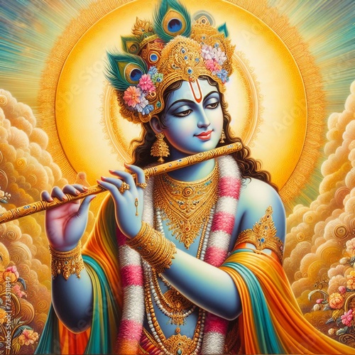 Radiant Painting of Lord Krishna with Flute on Sunny Background photo