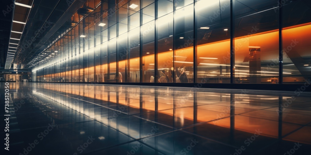 A long hallway with people walking in it at night. Generative AI. A long hallway with people walking in it at night. Generative AI.