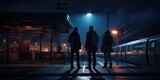 Three people standing at a train station at night. Generative AI.