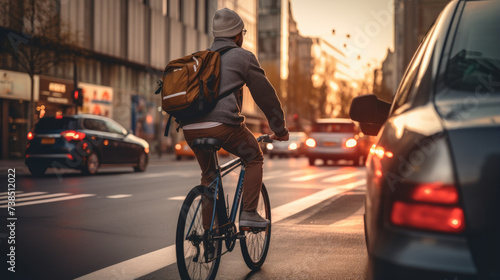 A man riding a bike on a city street. Generative AI.