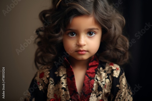 Portrait of a beautiful little girl with curly hair in a red dress.