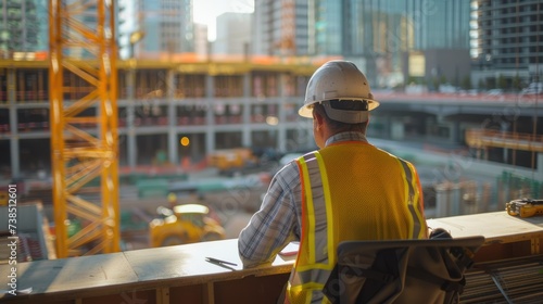 A construction supervisor sits on a work desk talking to workers and taking notes on health progress on the construction site.