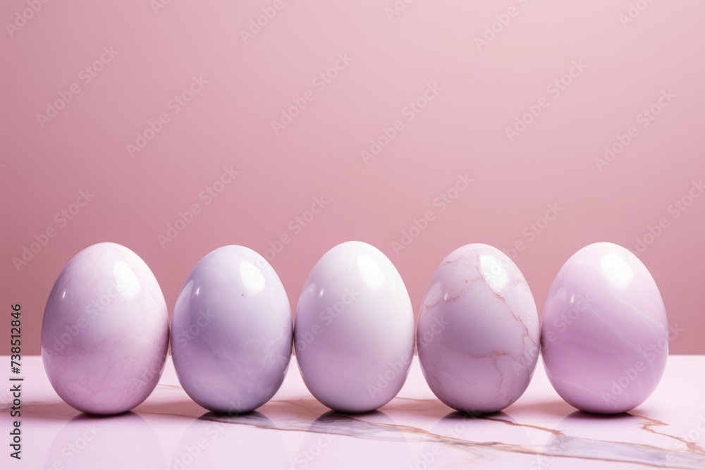 Easter eggs in pink marble, pastel blue background. easter concept.