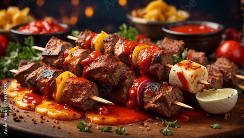 Shish kebab Mediterranean cuisine, meal of skewered and grilled cubes of meat, cinematic food photography  photo