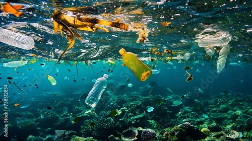Plastic bottles, trash, plastic waste, microplastics floating in the open ocean, Generative ai © Deep Ai Generation