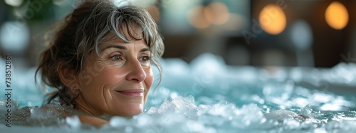 Middle aged woman takes a bath filled with ice. Wellness, healthy  and relax concept. banner photo
