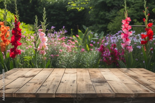 Obraz na plátně Empty wooden table over blooming gladioli garden background