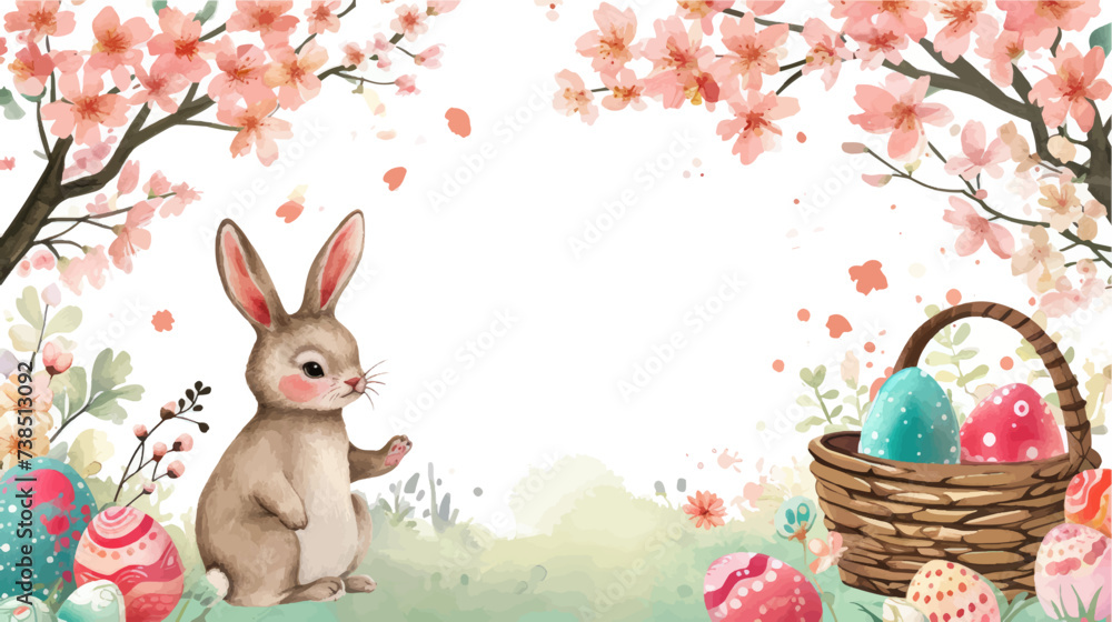 Happy Easter card with cute bunny, flowers and eggs. Vector illustration. Happy Easter card with cute bunny, flowers and eggs. Vector illustration.