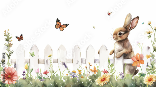 Happy Easter card with cute bunny, flowers and eggs. Vector illustration.