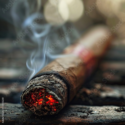Cigar burning with smoke on wooden table. Selective focus.