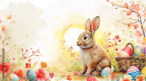 Happy Easter card with cute bunny, flowers and eggs. Vector illustration.